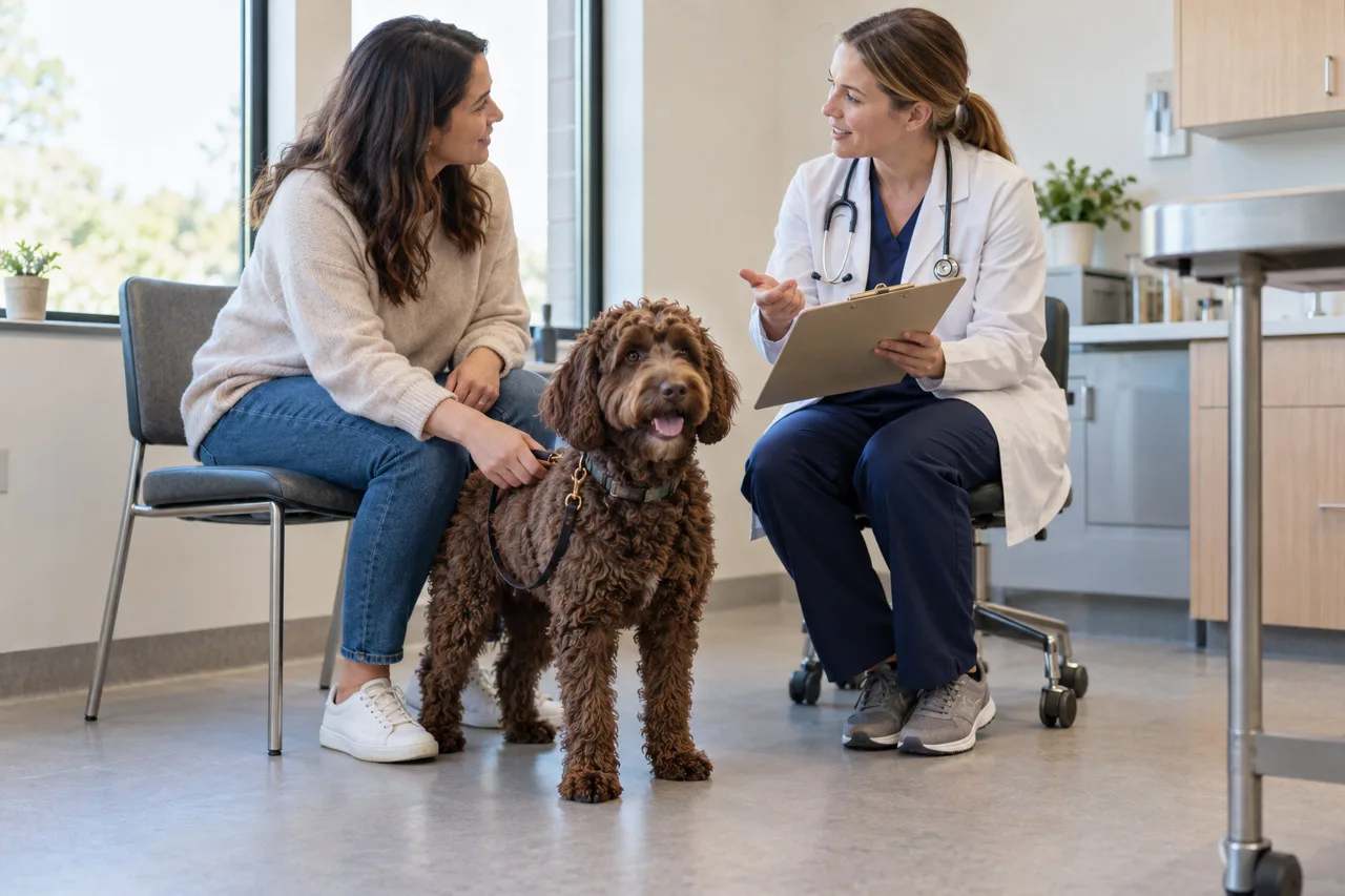 Curly-coated dog standing between an owner and veterinarian during a consultation