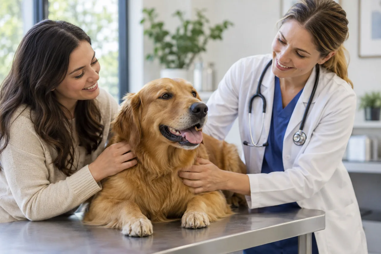 Veterinarian speaking with a dog owner in a clinic